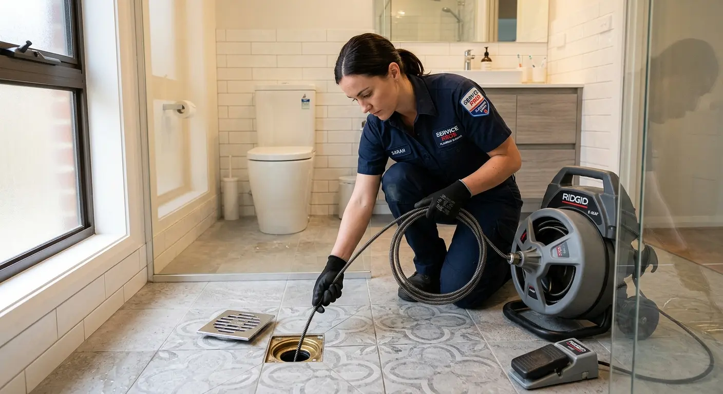Technician clearing a bathroom floor drain for Hydro Jetting in Glendale Heights